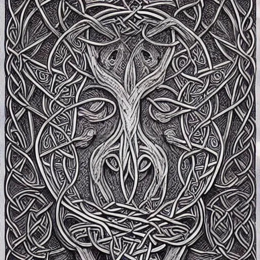 Prompt: Intricate and highly detailed Celtic Knotwork etched in an ancient tree, intricate, highly detailed, fullbody, artstation, dark fantasy, concept art, smooth, sharp focus, illustration, art by greg rutkowski and orientalism and bouguereau and Zdzislaw Beksinski, good clear quality, lighting, biology, symmetrical artwork, 135 mm, cinematic, hyper realism, high detail, octane render, 8k, chrome accents