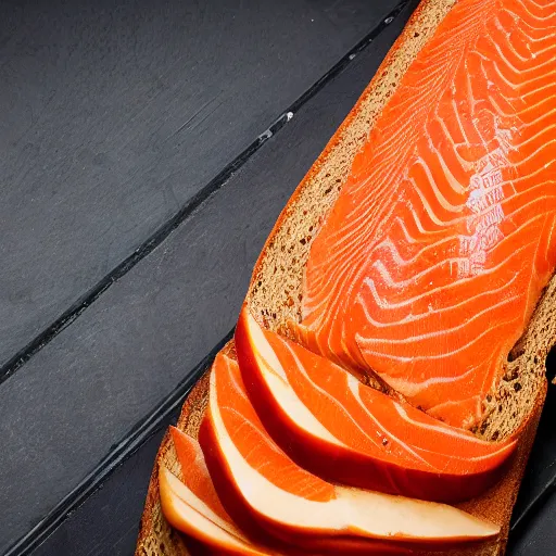 Image similar to hot slices of bread filled with freshly - caught salmon and red apple, 8 k resolution, food photography, studio lighting, sharp focus, hyper - detailed