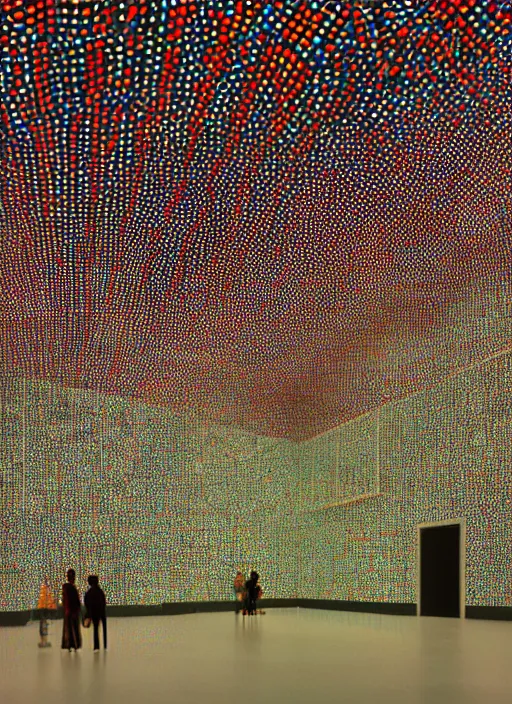 Prompt: a photograph of a museum light installation designed by yayoi kusama, 3 5 mm, color film camera, dezeen, architecture