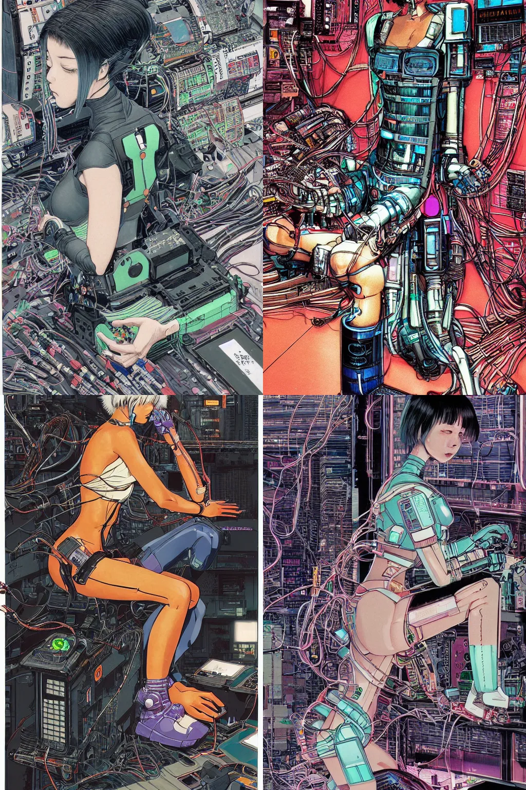 Prompt: an hyper-detailed cyberpunk illustration of a female android with bob cut seated on the floor in a tech labor, seen from the side with her body open showing cables and wires coming out, by masamune shirow, and katsuhiro otomo, japan, 1980s, centered, colorful