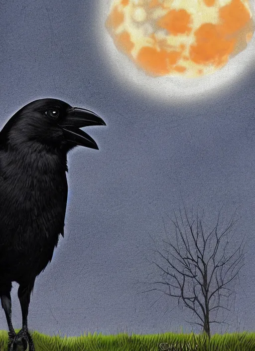 Prompt: book cover, crow in front of the full big moon, realistic colors, digital art