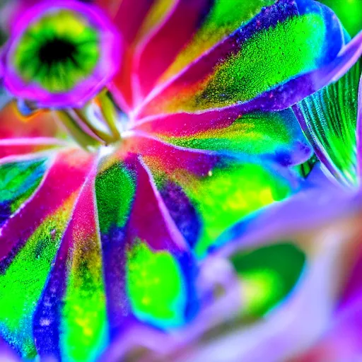 Prompt: macro photograph of a pretty flower with rainbow petals on a long green stem