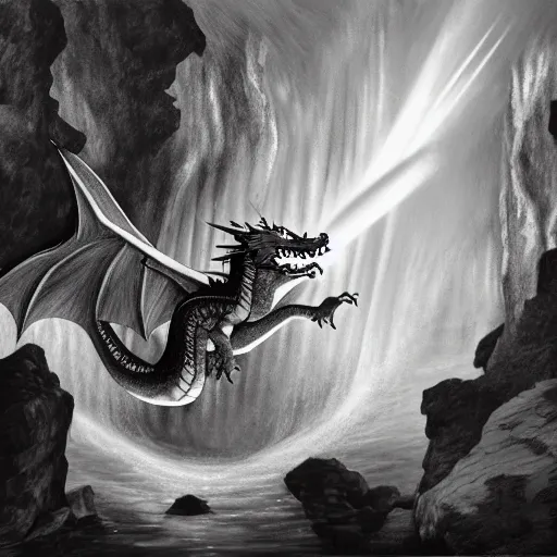 Image similar to oil painting of a dragon flying in the air near a cave with a waterfall in the center, light emanating from the waterfall leading to a big pool of water, dragon has black and white siberian tiger stripes, elegant, sharp focus, wide shot, clear, detailed, early renaissance