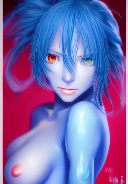 Image similar to portrait of a beautiful blue slime woman by aramaki shinji and amano yoshitaka 8 k hd