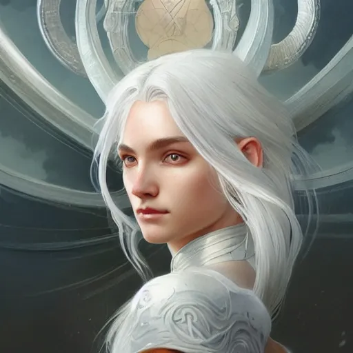 Image similar to god and goddess, white hair, long hair, gorgeous, amazing, elegant, intricate, highly detailed, digital painting, artstation, concept art, sharp focus, illustration, art by artgerm and greg rutkowski and alphonse mucha