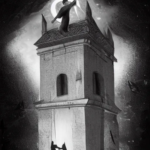 Image similar to A terrified catholic priest in his twenties kneeled in fervent prayer at the summit of a medieval tower. Looking up with eyes wide open with fear, looking straight at the viewer. Dressed in white. An ominous yellow shadow is descending upon him from the night sky. Award-winning digital art, trending on ArtStation