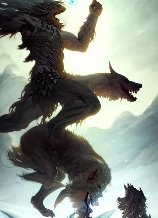 Prompt: Fenrir freeing all his power, Nordic landscape, fantasy magic, dark light night, sharp focus, digital painting, concept art, d&d, art by WLOP and Artgerm and Greg Rutkowski and Alphonse Mucha