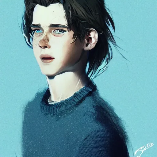 Prompt: portrait of a very masculine teenage girl with blue eyes and brown hair, short men's haircut, smiling, wearing an oversized sweater, dramatic lighting, illustration by Greg rutkowski, yoji shinkawa, 4k, digital art, concept art, trending on artstation