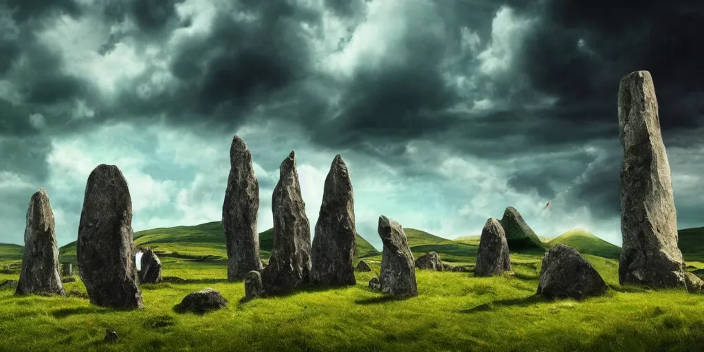 Prompt: fantasy landscape, ancient Ireland, standing stones, dramatic clouds, atmospheric, green hills, dinosaurs, ancient Irish hunters riding dinosaurs