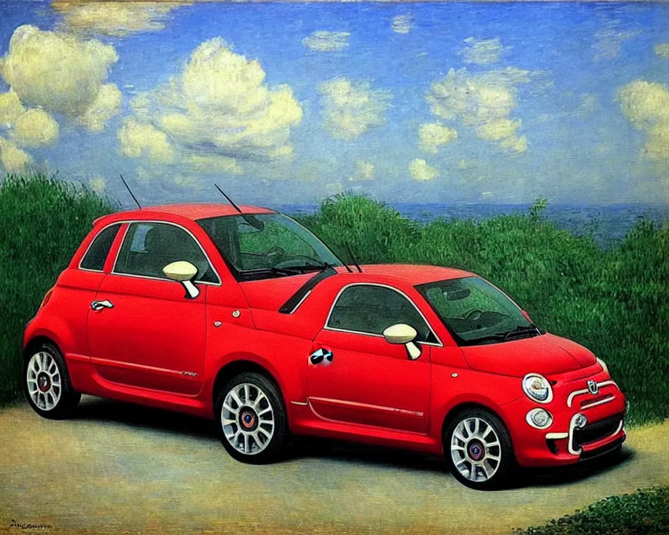 Image similar to achingly beautiful painting of a 2 0 1 3 fiat 5 0 0 abarth by rene magritte, monet, and turner.