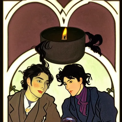 Image similar to painting of young cute handsome beautiful dark medium wavy hair man in his 2 0 s named shadow taehyung and cute handsome beautiful min - jun together at the halloween! party, bubbling cauldron!, candles!, smoke, autumn! colors, elegant, wearing suits!, clothes!, delicate facial features, art by alphonse mucha, vincent van gogh, egon schiele