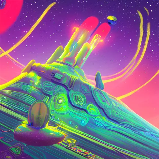Image similar to space landscape, neon, illustration painting, oil on canvas, intricate, detailed illustration, hd, digital art, overdetailed art, concept art, complementing colors, detailed, illustration painting by alex gray, digital art, overdetailed art, concept art, matte painting, concept art, complementing colors rendered by beeple, syd meade