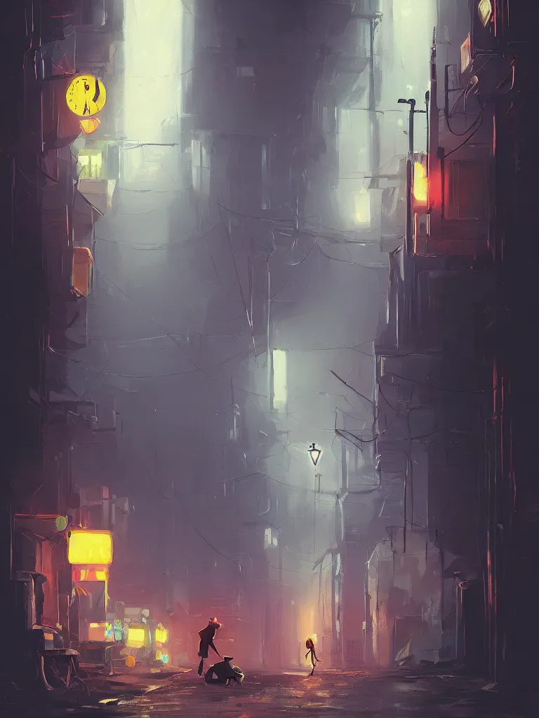 Image similar to a single little boy and a white rabbit in a dark alley city with neonlights by night a painting from stalenhag, 4 k, 8 k, hdr, artstation, concept art