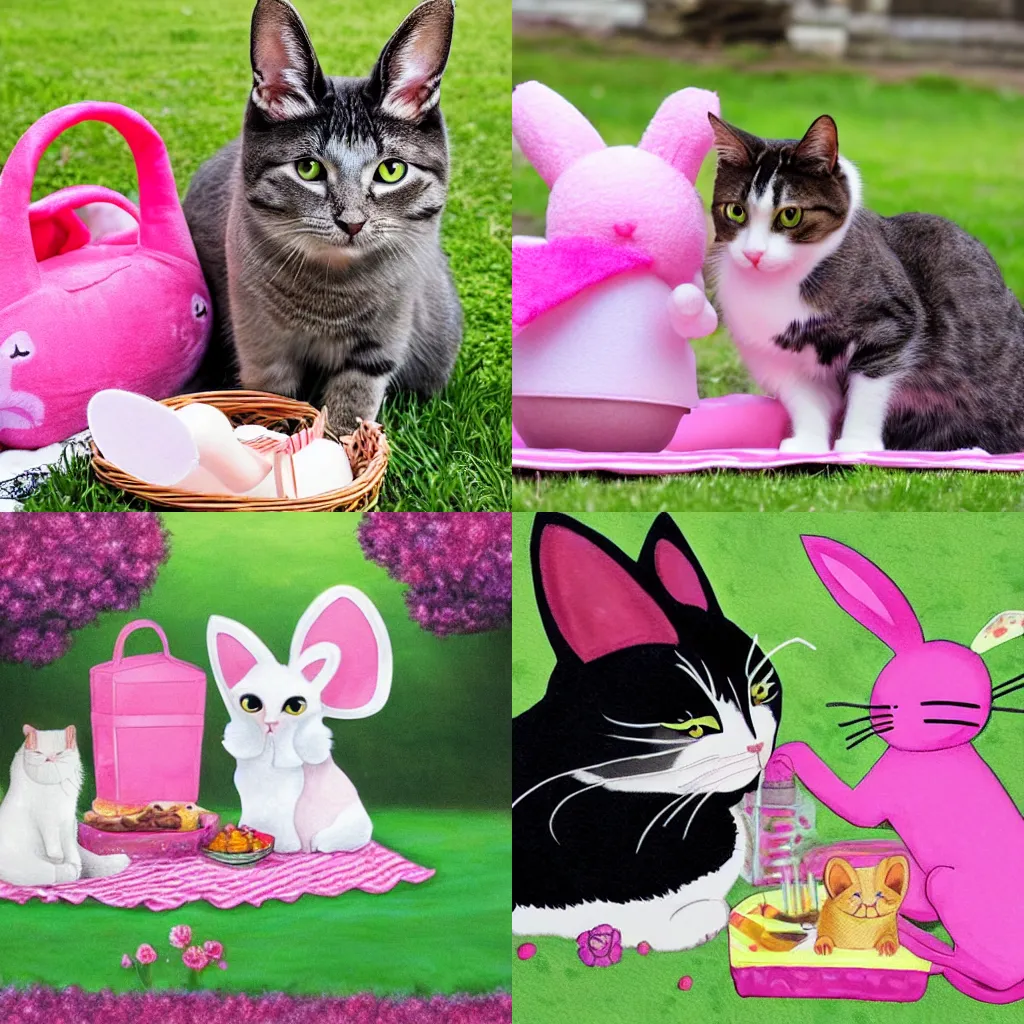 Prompt: a cat and a pink rabbit are having a picnic