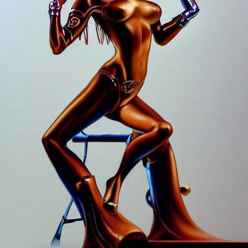 Image similar to an airbrush painting of a nice looking girl with beautiful forms dressed in shiny leather, seated legs spread on a throne in a fantasy land, by hajime sorayama and boris vallejo, trending on artstation, 4K