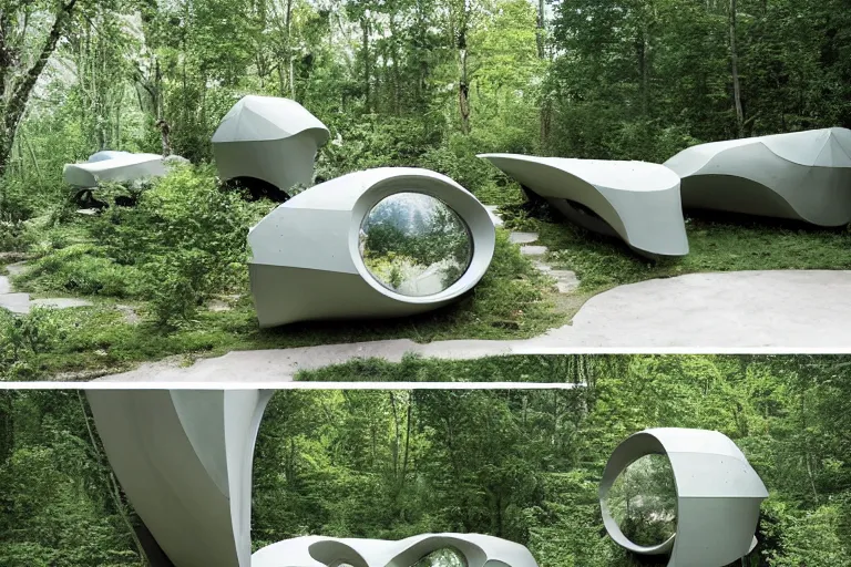 Image similar to A unique innovative and creative eco community of small affordable and contemporary creative cabins in a lush green forest with soft rounded corners and angles, 3D printed line texture, made of cement, connected by sidewalks, public space, and a park, Design and style by Zaha Hadid, Wes Anderson and Gucci