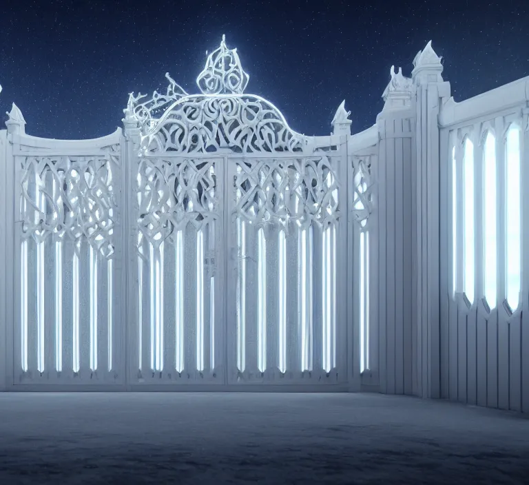 Prompt: a very detailed concept art of intricate and minimalistic white gates to aurora borealis, trending on artstation, symmetry, digital art, 4 k, hyper realistic, octane render, sharp focus