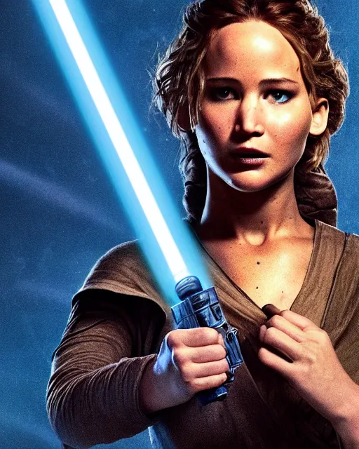 Image similar to jennifer lawrence as a jedi, battle scared with ripped clothes, holding up a blue lightsaber, very dark background, official new star wars episode xi movie poster from lucas arts, perfect symmetrical face, moody lighting, 8 k, shallow depth of field, intricate detail,