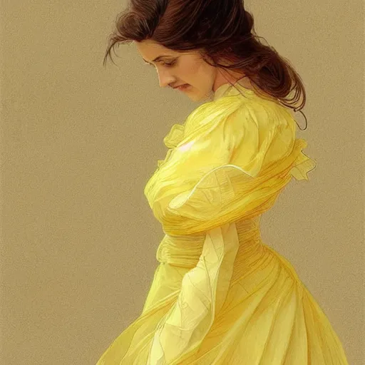 Image similar to a woman in a modern yellow organza dress dancing, ultra realistic, intricate, elegant, highly detailed, digital painting, artstation, smooth, sharp, focus, illustration, art by artgerm and greg rutkowski and alphonse mucha,