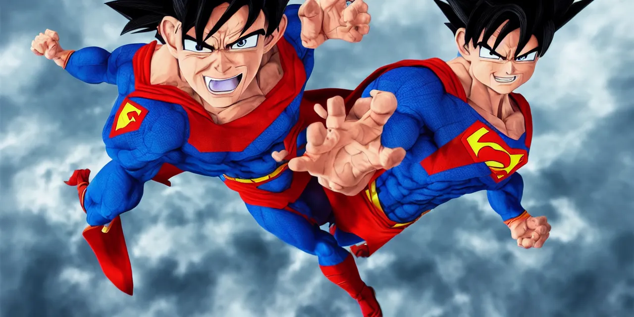 Image similar to Son Goku as Superman, cool, dramatic, hyperdetailed, artstation, photorealism, accurate, octane render, 8k,