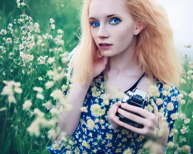 Prompt: pale beautiful young woman with bright blonde hair, freckles, blue eyes and a wide face, flowery dress, using a dslr camera, dramatic, art by anna nikonova