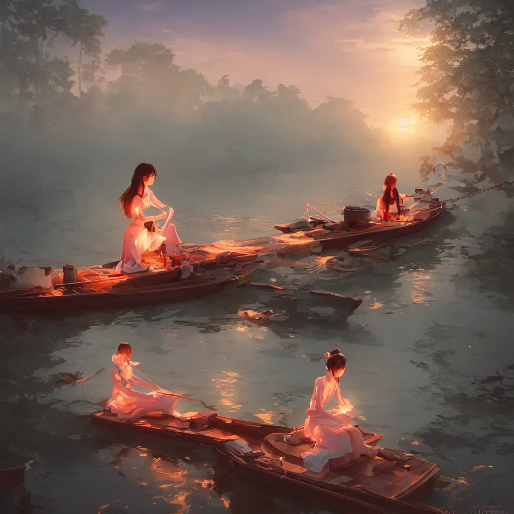 Prompt: grand river lantern festival photo, a beautiful girl is sitting on the boat, chinese watercolor style, trending on artstation, global illumination, radiant light, night lighting, fantasy art by makoto shinkai, ilya kuvshinov, rossdraws and tom bagshaw, highly detailed and intricate environment, 8 k