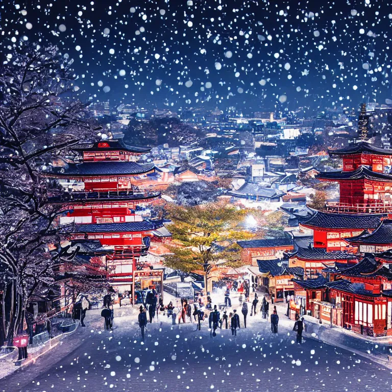 Image similar to illustration of kyoto with many lights and lens flares, snowy winter christmas night