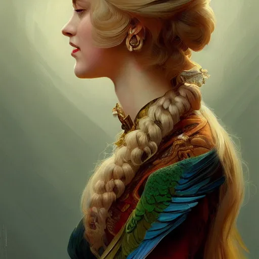 Image similar to portrait of a young blonde girl with a parrot, upper body, long hair, intricate, elegant, highly detailed, digital painting, artstation, concept art, matte, sharp focus, illustration, art by artgerm and greg rutkowski and alphonse mucha