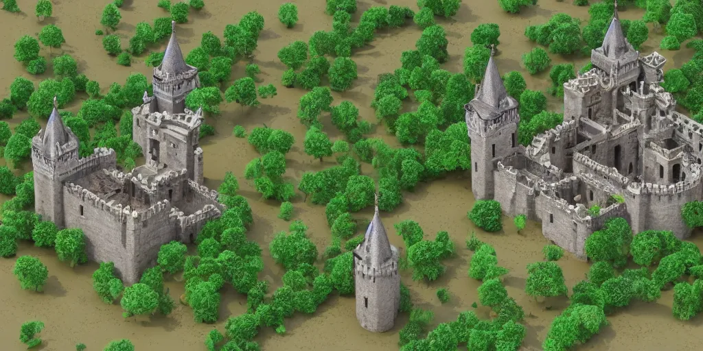 Image similar to medieval castle in a jungle with towers and moat, 3 d, isometric