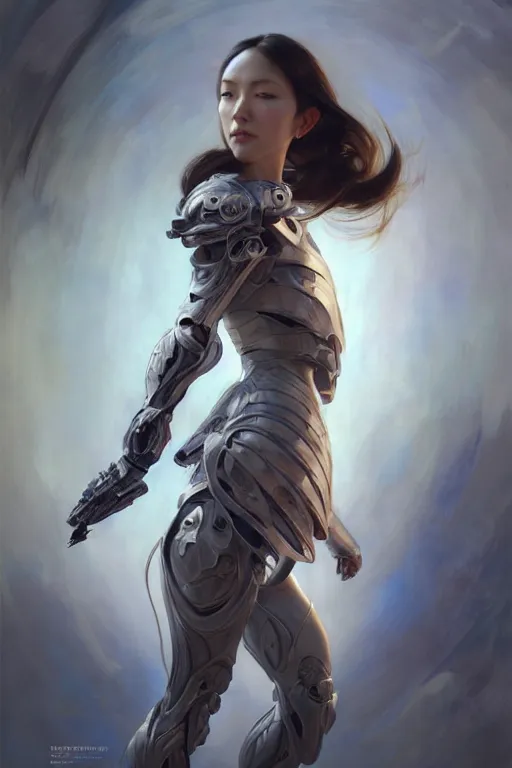 Prompt: > professional portrait of female cryogenic assassin in a dynamic action pose , armor elements , long dark hair, beautiful bone structure, symmetrical facial features, intricate, elegant, digital painting, concept art, smooth, sharp focus, illustration, by Ruan Jia and Mandy Jurgens , and mucha, and Artgerm and William-Adolphe Bouguerea