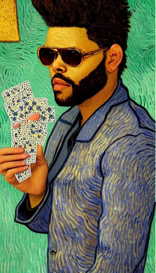 Prompt: the weeknd wearing sunglasses and playing cards by vincent van gogh, brown skin, classical painting, digital painting, romantic, vivid color