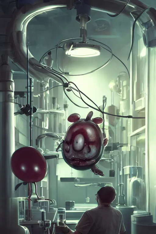 Prompt: mechanics scientist in lab facility looking at bloody mickey mouse head lifted by claw,, made by beeple, cgsociety, artgerm, greg rutkowski, highly detailed intricate 4 k art, low light cinematic, octane render, unreal engine, smooth concept art