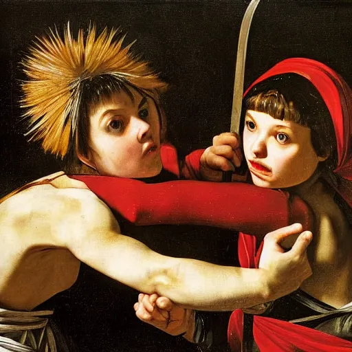 Image similar to two young girls fighting in an arena with swords, blood is splattering, highly detailed painting by the caravaggio 8 k