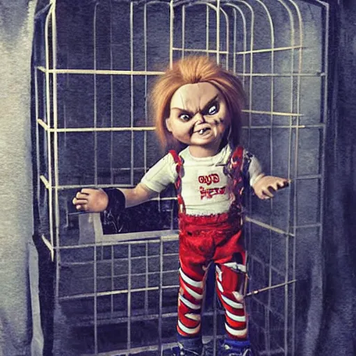 Image similar to the doll chucky in the middle of a cage fighting with doll annabelle, epic mma fight, dramatic poses, disneyland as backdrop, oil painting, by greg rutkowski