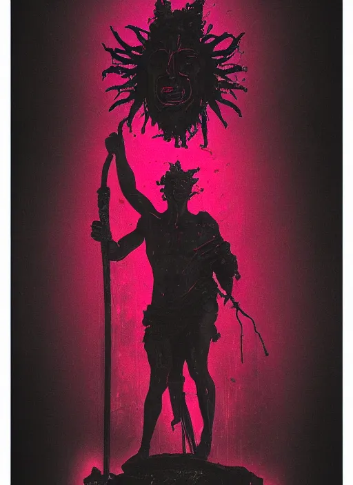 Prompt: dark design poster showing a statue of dionysus, mostly monochromatic, black background with very subtle red and purple design elements, powerful, nekro, vito acconci, thin straight lines, dark, glitch art, neo vaporwave, gritty, layout frame, square, trending on artstation