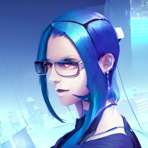 Prompt: an attractive young female on top of the skyscraper with strong winds, cyberpunk, illustration, sharp focus, concept art, artstation, digital painting, highly detailed, smooth, blue hair, in the style of Arcane