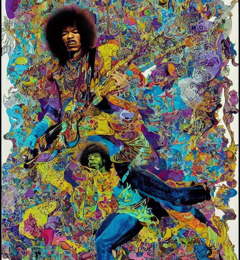 Prompt: jimi hendrix full body, colourful afrofuturist biomorphic scifi opart in background by pascal blanche and josh kirby and roger dean and james jean and giger and arthur rackham and moebius and syd mead and greg hildebrandt, 8 k