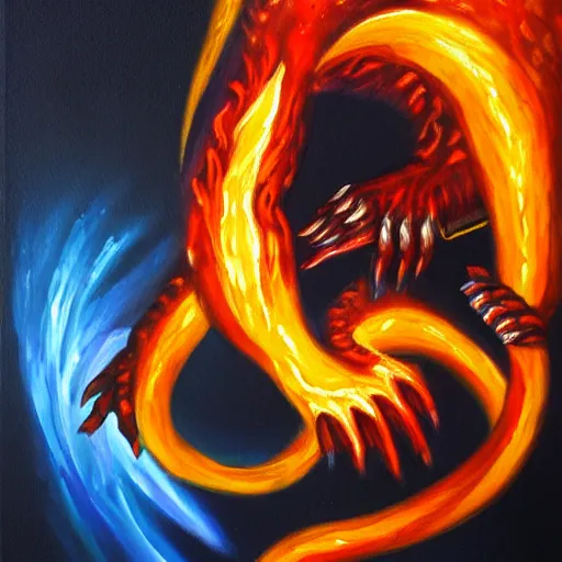 Image similar to fire demon eat human, oil painting