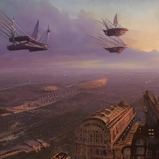 Image similar to a steampunk airship flies over santiago of chile, purple dawn, costanera center, by greg rutkowski and ivan shishkin