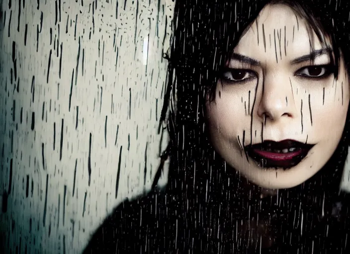 Image similar to closeup portrait of emo vampire goth miranda cosgrove standing in the rain in a dark cyberpunk city, heavy make - up running down face, neon reflections in the puddles, portra 4 0 0 candid photograph portrait by annie leibovitz, 3 5 mm macro shot, f / 3 2, hyperrealistic, cinematic lighting, hd wallpaper, 8 k, 4 k