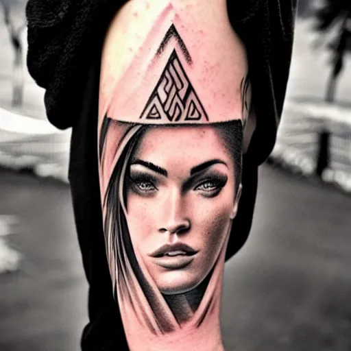 Image similar to double exposure effect tattoo design sketch of megan fox with beautiful mountain scenery, realism tattoo, in the style of den yakovelev, amazing detail, sharp