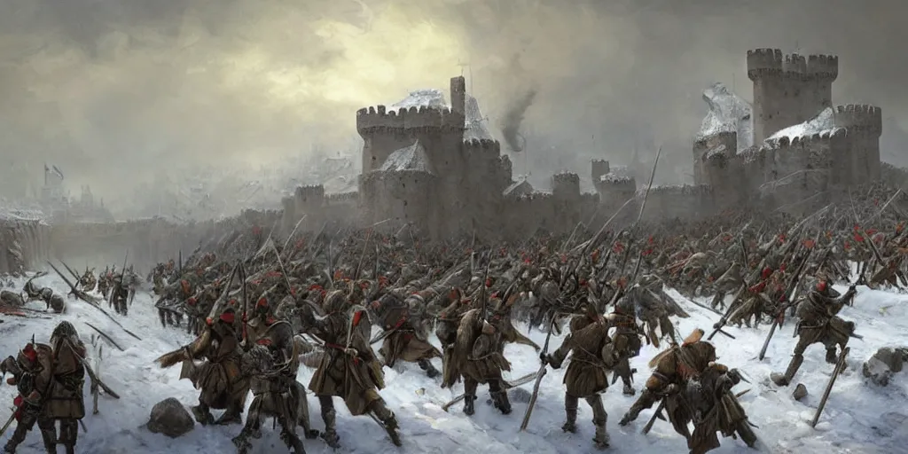 Image similar to Siege of a medieval castle in winter while two great armies face each other fighting below with banners and flags, catapults throw stones at the castle destroying its stone walls, heavy snow storm, fantasy, medieval, fire, explosions and grey smoke here and there, highly detailed, Artstation, oil on canvas painting by greg rutkowski and Raoul Vitale-H 832