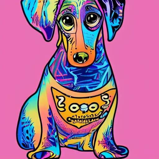 Image similar to lisa frank, mcbess illustration dachshund