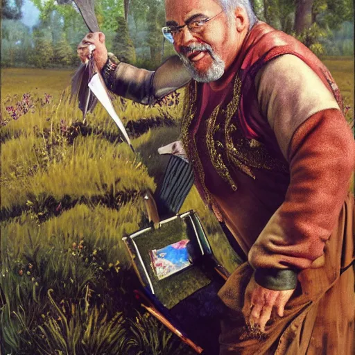 Prompt: Gary Gygax Gary Gygax plays dungeons and dragons in the middle of a field, game dungeons and dragons, Rye (Shishkin), painting by Ivan Shishkin, Ernest Gary Gygax face, photo by Gary Gygax, painting by Valentin Serov, oil painting, hyperrealism, fingers--seed 1483448143