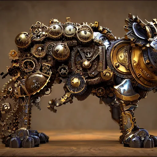 Image similar to A steampunk ornate wolf made of engraved full plate armor and gears, Macro shot by Justin Gerard, unreal engine, physically based rendering