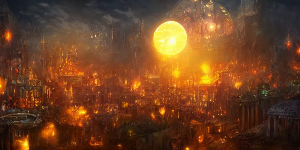 Image similar to fantasy city at night while giant ball of fire crashes to the ground, surreal, digital art, concept art, highly detailed, trending on artstation