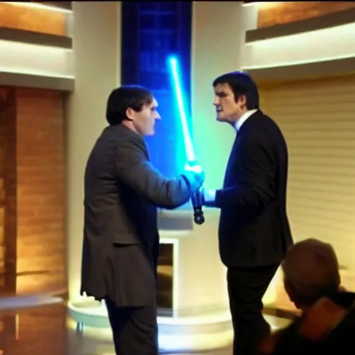 Image similar to Jedi Kevin O'Leary cutting Mark Cuban flesh with a lightsaber, in Shark Tank (2016)