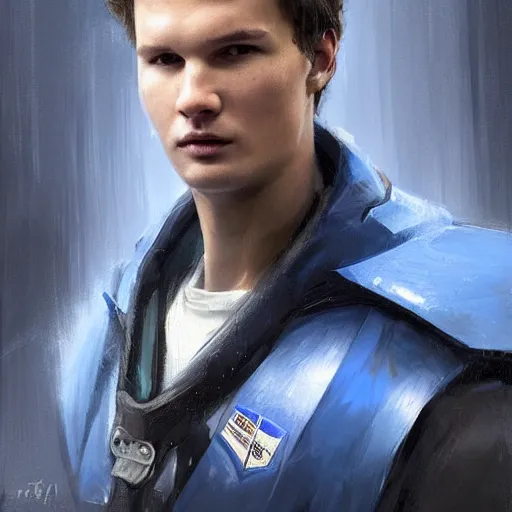 Image similar to portrait of a man by greg rutkowski, he looks like ansel elgort, he is wearing a blue and white kevlar gear with a cape, highly detailed portrait, digital painting, artstation, concept art, smooth, sharp foccus ilustration, artstation hq