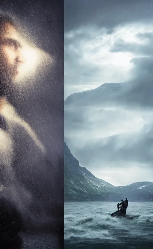 Prompt: knight, norway fjord, extreme close up portrait, hudson river school, max rive, armor made of water, studio lighting, stormy seas, beautiful, bokeh, snowy, storm clouds, god rays, extreme close up portrait, d & d, fantasy, elegant, low key color palette, concept art, roger deakins and greg rutkowski and alphonse mucha