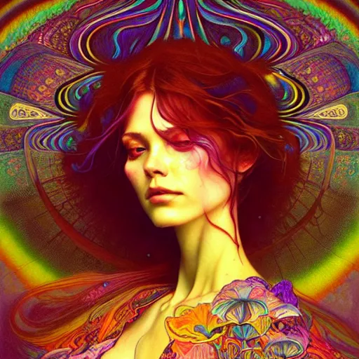 Image similar to An extremely colorful psychedelic experience, reality bending, magic mushrooms, psilocybin, LSD, face, detailed, intricate, elegant, highly detailed, digital painting, artstation, concept art, smooth, sharp focus, illustration, art by Krenz Cushart and Artem Demura and alphonse mucha